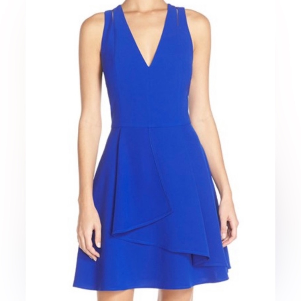 ADELYN RAE CASCADE CREPE FIT & FLARE DRESS IN BLUE - SM